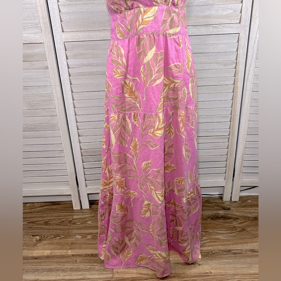 GARNET HILL Halter Maxi Dress 100% Linen Pink Tropical Print-6 - Picture 3 of 4
